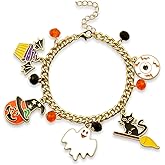 Halloween Charm Bracelet Horror Ghost Pumpkin Witch Hat Black Cat Gold Link Bracelets for Women,Halloween Jewelry Cosplay Costume Accessories (White)