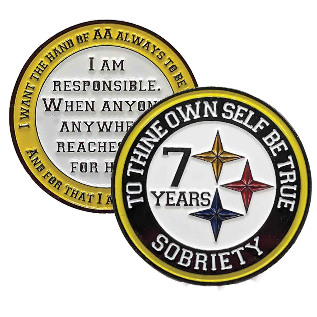 "Black and Gold Recovery Medallion in Years 1-50 with Alcoholics Anonymous Responsibility Pledge" (Year 7)
