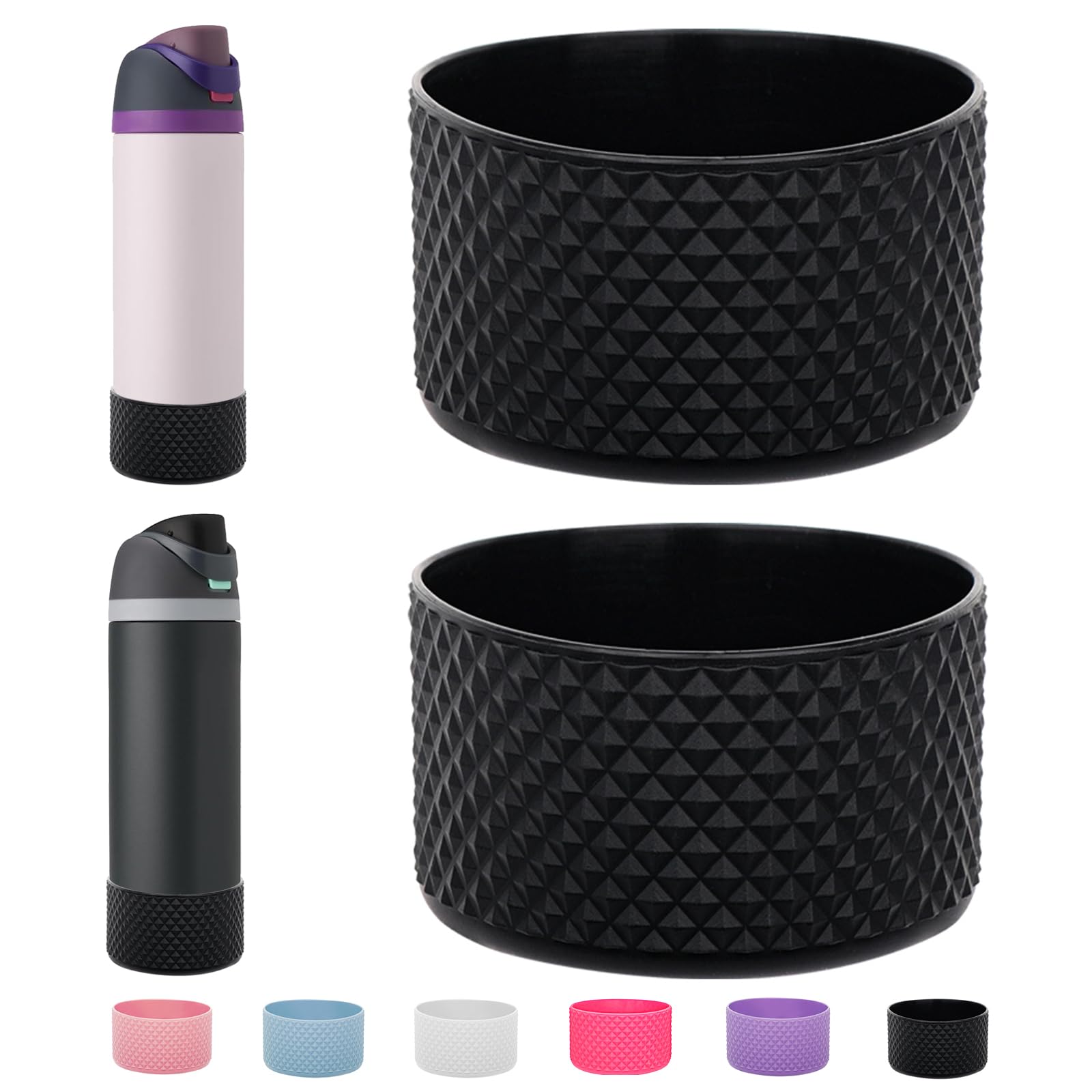WK IEASON 2Pcs Silicone Water Bottle Boot for Owala 24oz, Protective Flask Bottom Cover Base for Owala FreeSip Twist and Flip Flask Bottles (Diamond Blackx2, 24OZ)