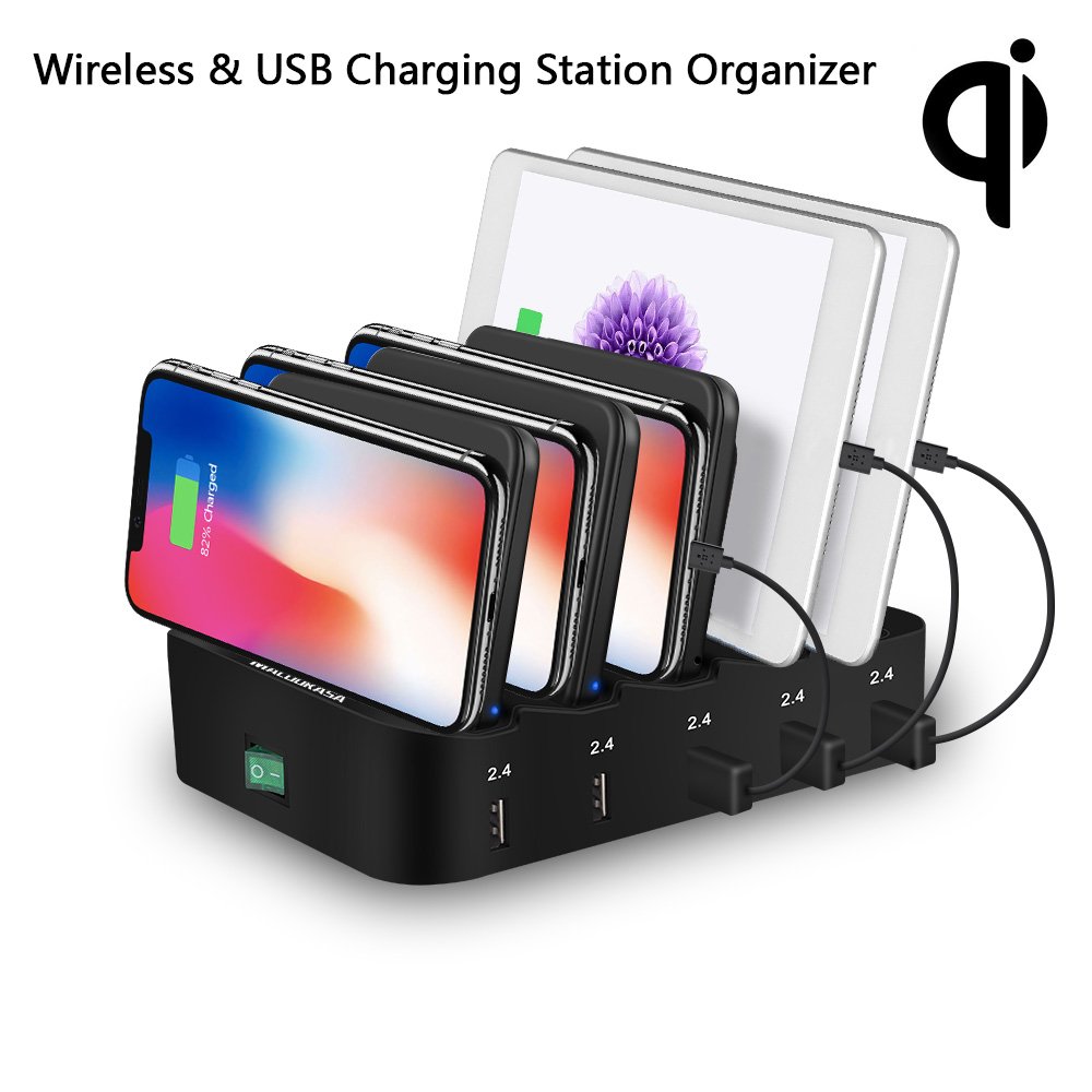 Multiple Port Charging Station, Cell Phone Wireless Charging Pad & USB Charging 5 Ports Dock 2.4A for Smartphones KindleTablets Removeable Baffles Fast Charge Organizer with Indicator (2 Wireless Pad)