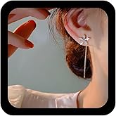 Allereyae Vintage Crystal Flower Threader Earrings Rhinestone Flower Stud Earrings Long Chain Tassel Dangle Earrings Bar Pull Through Earrings Jewelry for Women