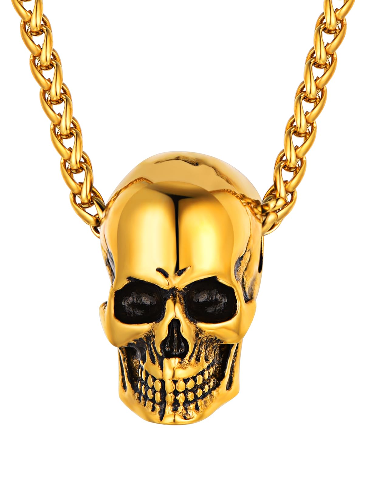 FaithHeart Gold Plated Skull Necklace for Women Stainless Steel Skull Head Jewellery Costume Pendant Skeleton Chain 22"+2"