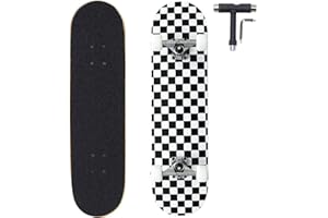 ANNEE 31x8 Inch Pro Skateboard Complete,7 Layer Canadian Maple Wood Double Kick Concave Skate Boards, Tricks Skateboards for Youths,Beginners,Girls,Boys,Kids,Teens,Adults (Black, White)