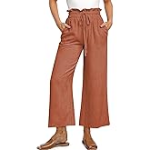 UEU Women's Linen Casual Pants Summer Wide Leg Loose Ruffle High Waist Cropped Drawstring Palazzo Flowy Trousers with Pockets
