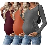 Ekouaer Womens Maternity Shirts Long Sleeve 3 Packs Pregnancy V-Neck Clothes Side Ruched Blouse Tops for Mama S-XXL