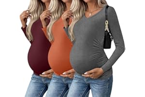 Ekouaer Womens Maternity Shirts Long Sleeve 3 Packs Pregnancy V-Neck Clothes Side Ruched Blouse Tops for Mama S-XXL