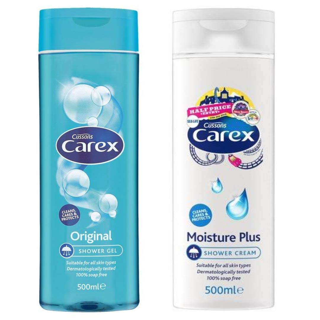 Carex Original Shower Gel and Moisture Plus Shower Cream LARGE Bottles 2 x 500ml. Suitable for all skin types. Cleans, Cares and Protects.