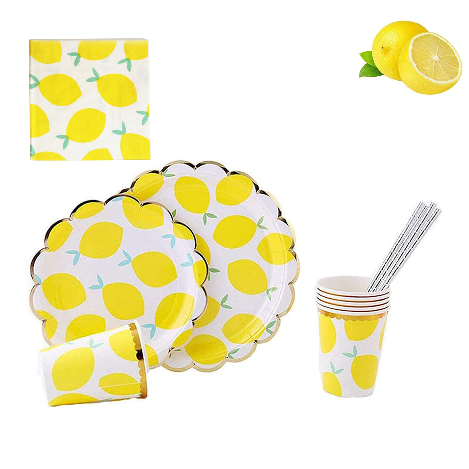 MaitianGuyou Lemon Theme Dinnerware Set,Fruit Party Supplies，Includes 20 Dinner Plates, 20 Dessert Plates, 20 Cups, 25 Straws & 32 Napkins for Party,Birthday Baby Shower-Serves 20 Guests (Lemon)
