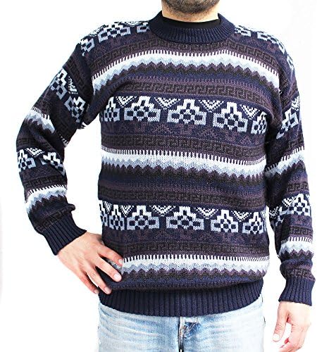 CELITAS DESIGN Sweater crew neck jackard alpaca blend unisex made in Peru Large Navy Blue