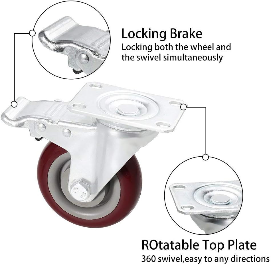 Coocheer 4’’ Swivel Caster Wheels 1200lbs With Top Plate & Bearing Heavy Duty On Red Polyurethane Wheels Set of 4 (2 Swivel Without Brake, 2 Swivel with Brakes): Industrial & Scientific
