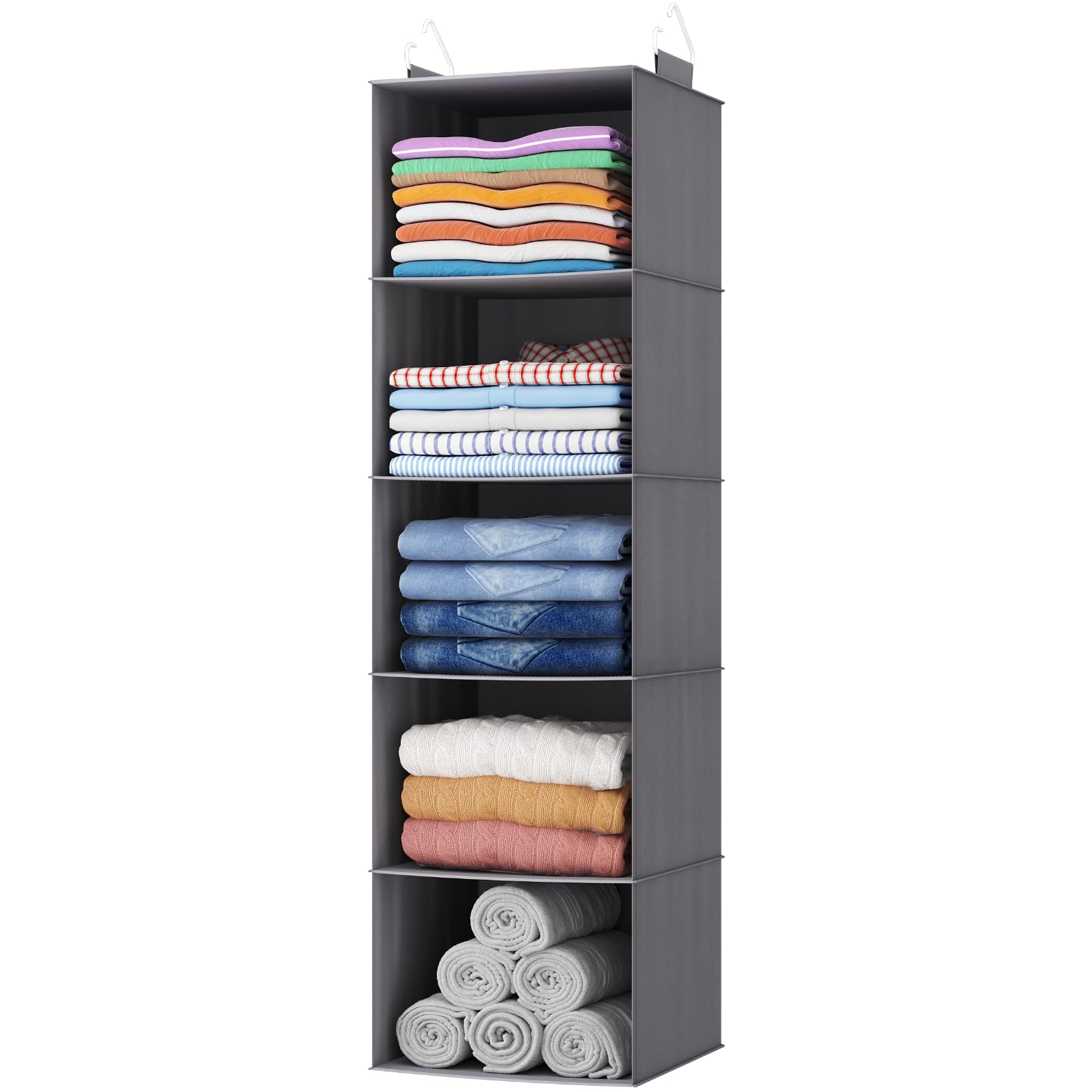 Lifewit Hanging Closet Organizer and Storage for Shelves, Wardrobe Foldable Clothes Storage Shelf with 2 Sturdy Hooks for Clothing Organization, Dorm Room Essentials, Grey, 5 Tier