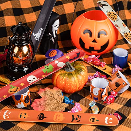LovesTown Halloween Slap Bracelets, 48PCS Kids Slap Wristbands Snap Bracelets Ghost Jack o Lantern Bat Spider for Halloween Party Goodie Bag Fillers