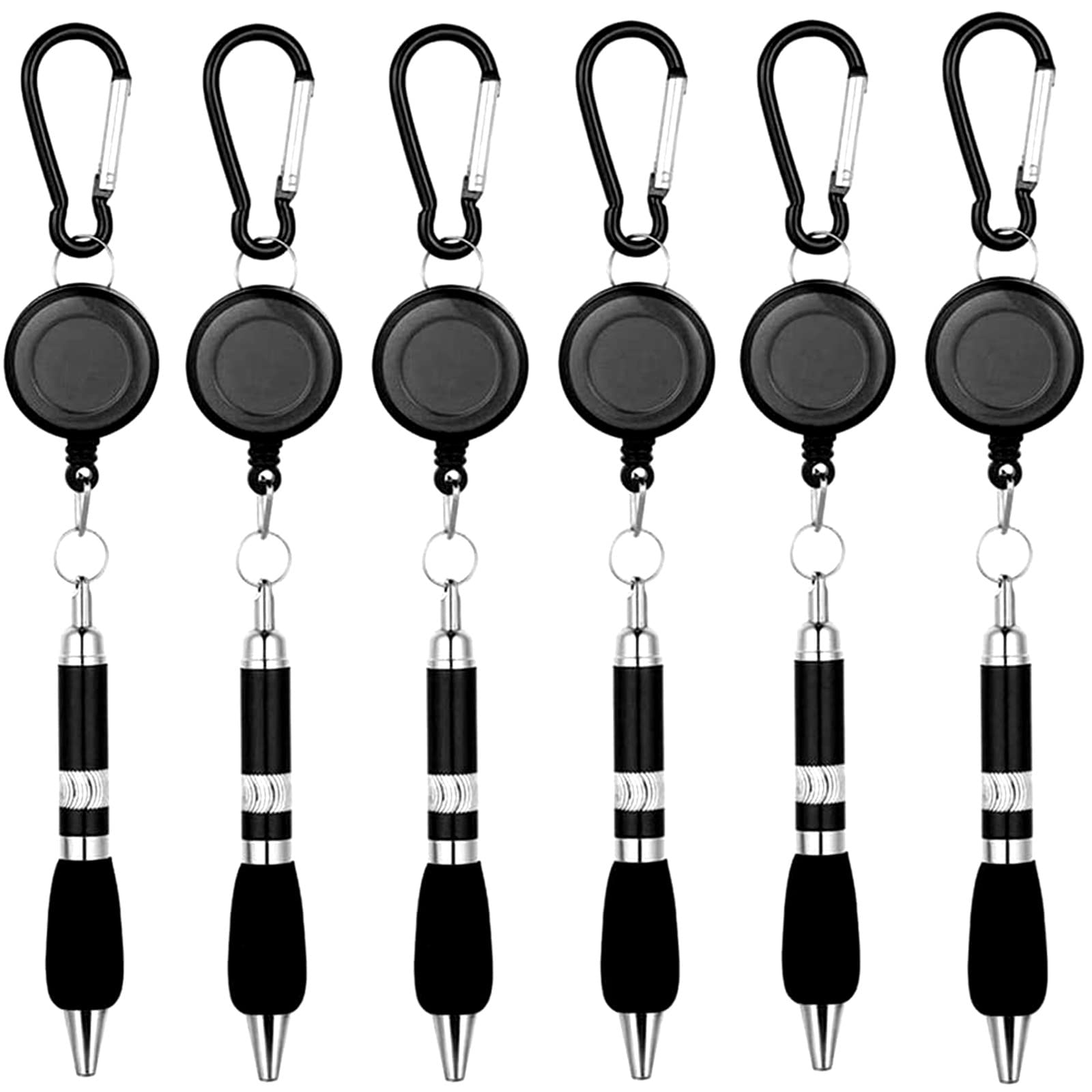 6 Pack Clip On Pens Carabiner Pens Retractable Badge Reel Pen Belt Clip and Carabiner Keychain Retractable Pull Ballpoint Pen for Nurses Construction Workers Office Medical Home Supplies, Black