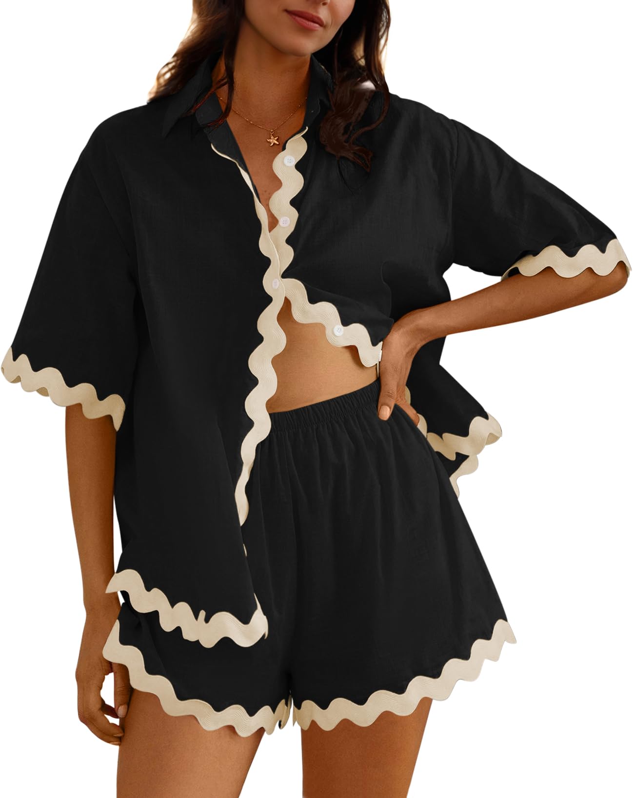 Photo 1 of Fixmatti Short Sets for Women Beach Button Down Shirts and Shorts Sets Summer Sweatsuits Black S