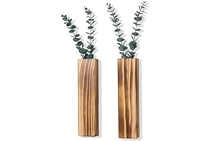 OMISHE 2 Pack Wood Wall Planters with 4 Pcs Artificial Eucalyptus, Plant Wall Decor for Living Room, Bedroom, Bathroom, Office, Wall Hanging Decor Wall Vase with Faux Plants, Brown