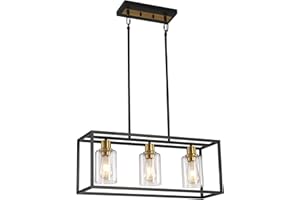 FILIMITIY 3-Light Kitchen Island Lighting, Farmhouse Pendant Island Light Fixture with Glass Shades, Black and Gold Chandelier for Dining Room, Restaurant, Foyer