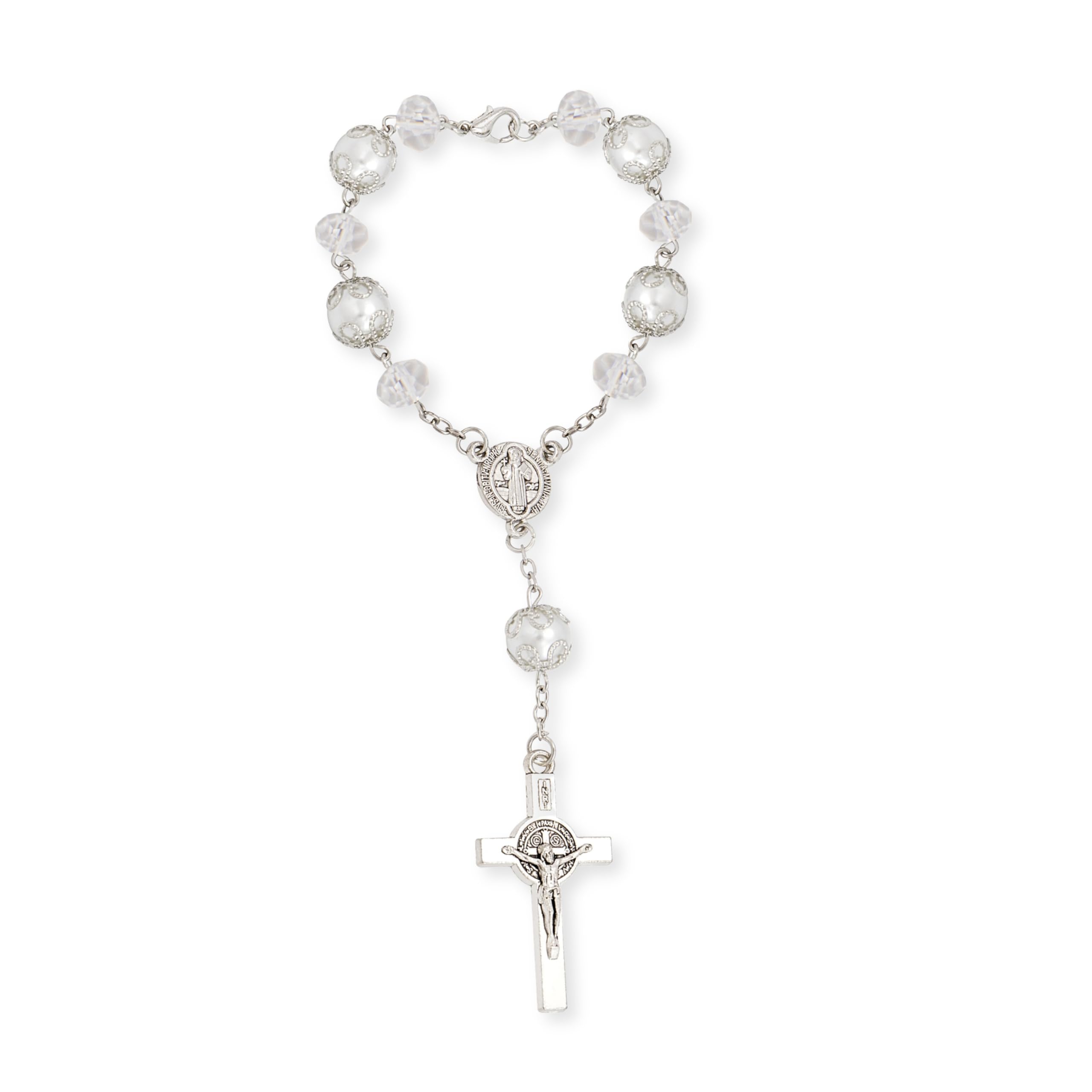 Nazareth Store Car Rear View Rosary St Saint Benedict Catholic White Clear Beads Benedictus Medal Cross Crucifix Christian gift Rosaries