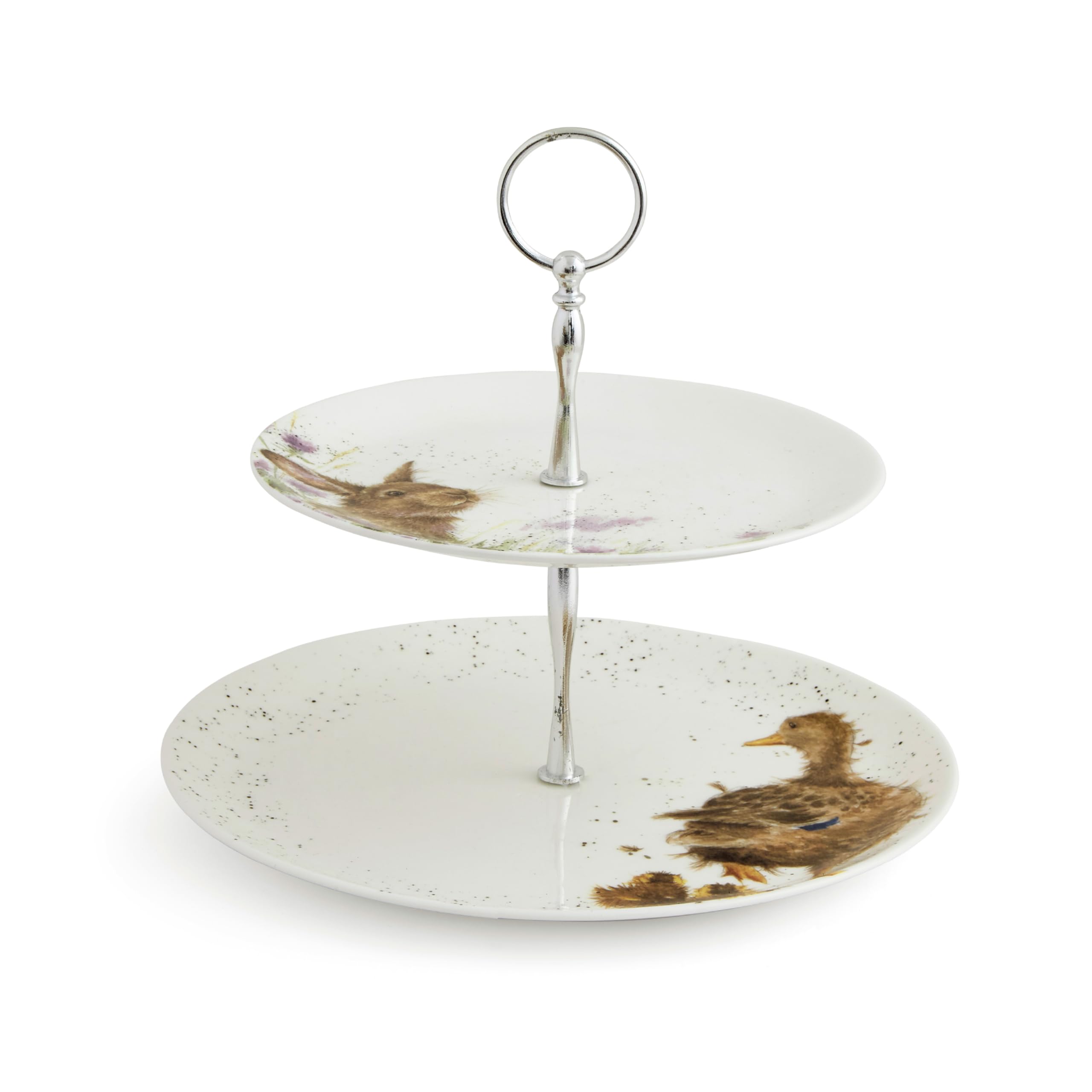 Royal Worcester x Wrendale 2 Tier Cake Stand - Elegant White Ceramic Dessert Stand with Charming Animal Design, Suitable for Serving Cakes, Pastries, Snacks, and Entertaining Guests