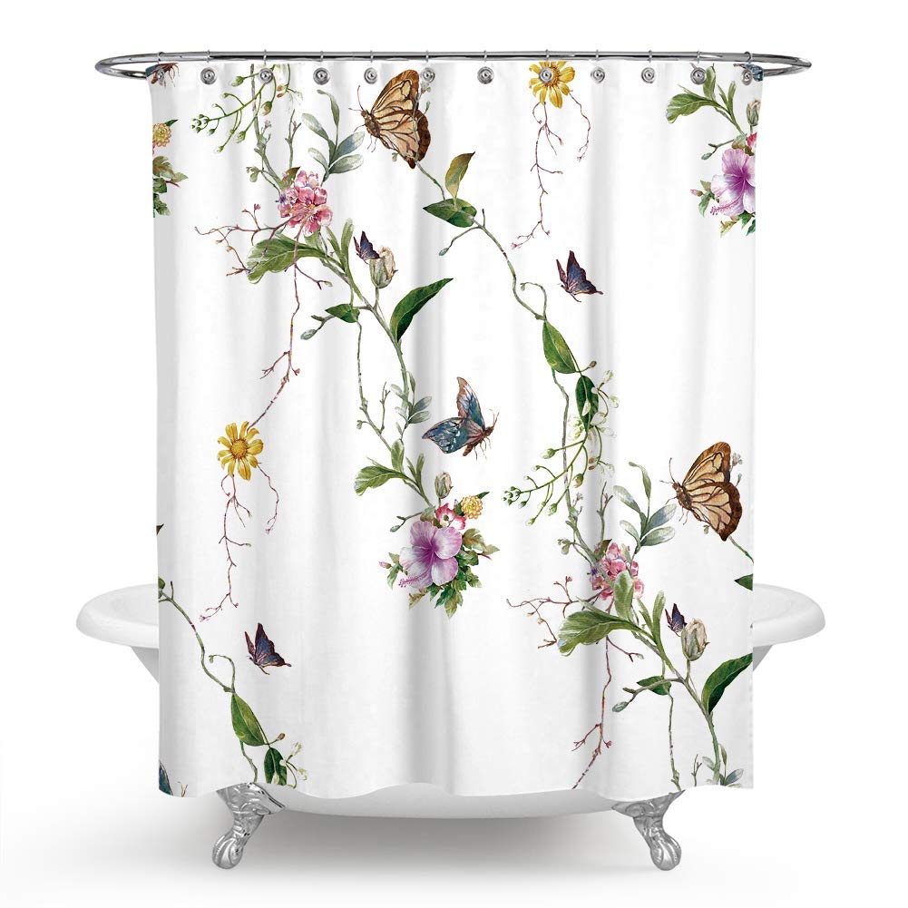 JOOCAR Design Shower Curtain, Colorful Flowers Butterflies Spring Theme Floral Leaf Branch, Waterproof Cloth Fabric Bathroom Decor Set with Hooks