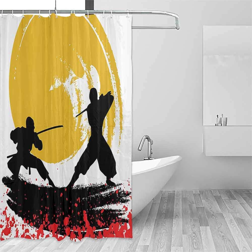 Lohebhuic Japanese Decor Hotel Quality Polyester Shower Curtain Watercolor Style Silhouette of Warrior Ninjas in The Moonlight Medieval Battle Shower and Bathtub W78 x L72 Inch Red Black Yellow