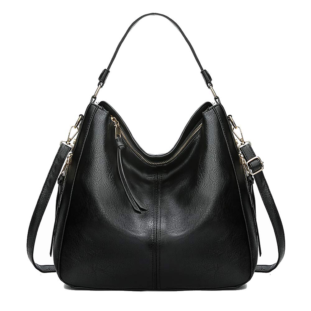 Kris Anna Womens Hobo Bucket Shoulder Bag PU Leather Black