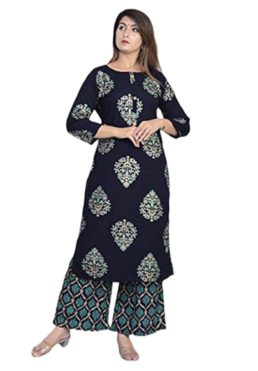 Women's Kurti Plazo Suit with Gold Print Kurti With Plazo (UE-140-DARK_GREEN)