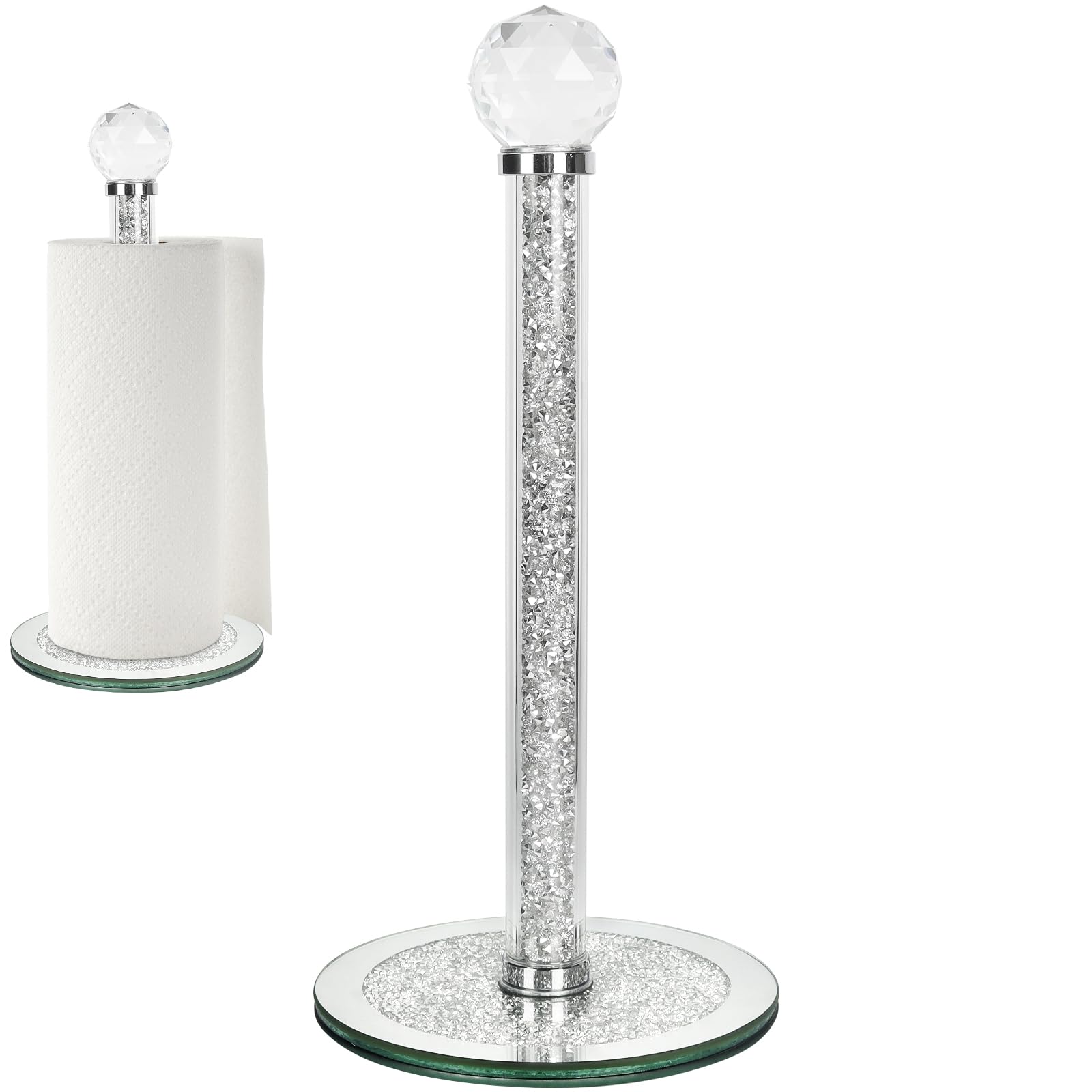 Topsky Silver kitchen roll holder - Crystal Glass Paper Towel Holder Stand - Countertop Kitchen Towel Holder Heavy Weight - Kitchen Rolls Organizer Free Standing