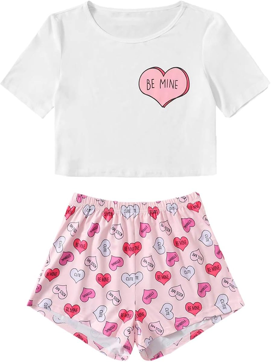 Romwe Women's 2 Piece Pajama Set Printed Short Sleeve Crop Top and