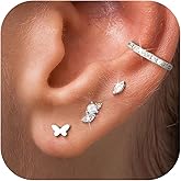 Florideco 14K Gold Plated Stud Earrings for Women Trendy Flat Back Earrings Hypoallergenic Earring Set for Helix Cartilage Piercing Jewelry Cz Opal Butterfly Flatback Earring