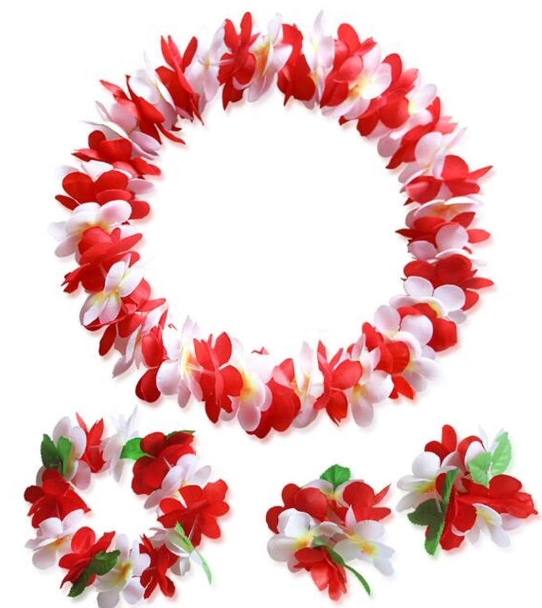 Hawaiian Flower Leis Jumbo Necklace Bracelets Headband Set Red and