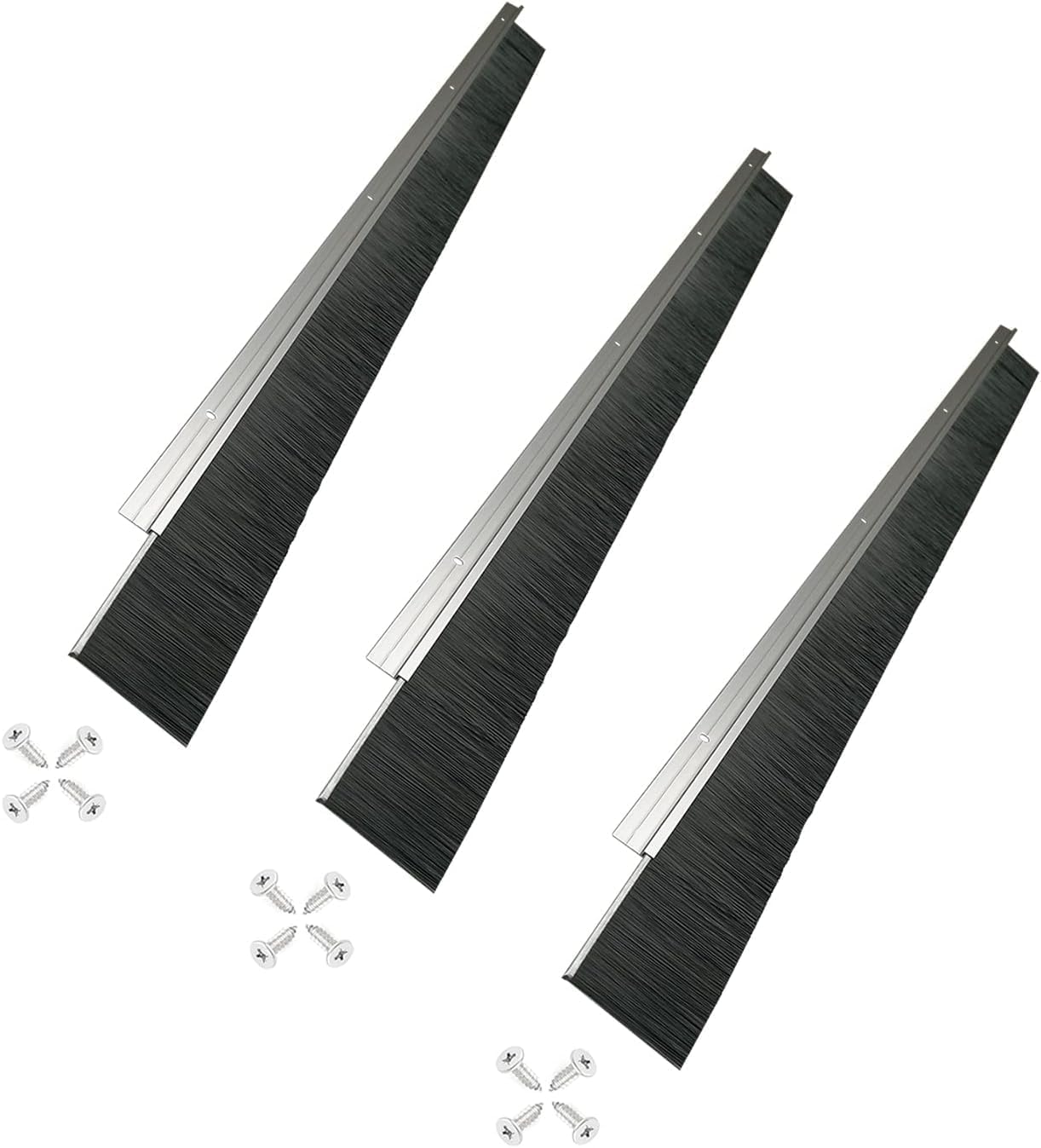 Retsun Set of 3 Extra-Wide Door Brush Seal Strip – 61mm (2.4") W x 880mm (34.6") L, Silver Aluminum Frame with Black PP Bristles, Draught, Dustproof, Weatherproof & Pest Control（Silver1.5, 3)