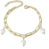 Kaydenana Gold Pearl Bracelets for Women 18K Gold Plated Dainty Trendy Layered Adjustable Paperclip Link Chain for Girls Charm Jewelry for Christmas Gifts