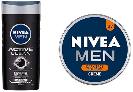 NIVEA MEN Hair, Face & Body Wash, Active Clean Shower Gel, 250ml and NIVEA MEN Cream, Dark Spot Reduction, 150ml