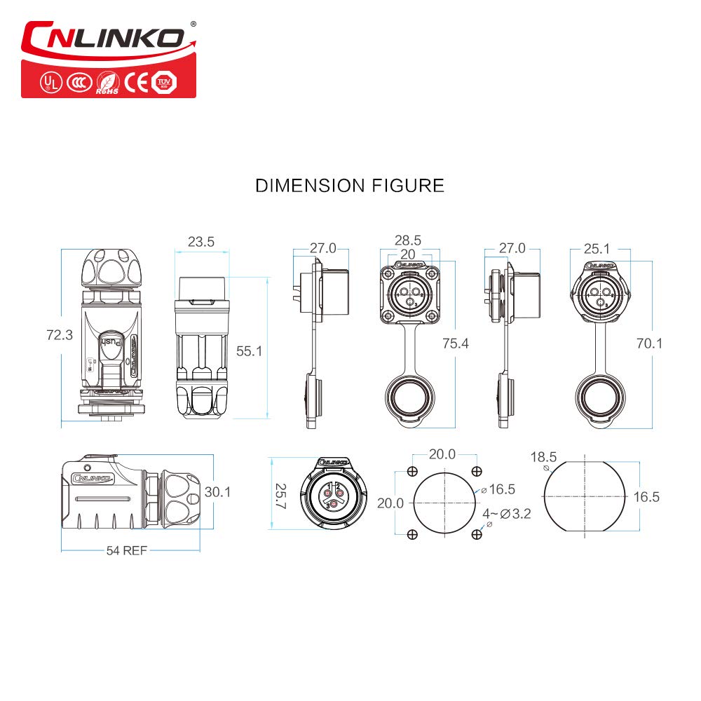 Cnlinko M16 10A 3pin Power Connector Electrical Joint Connector with