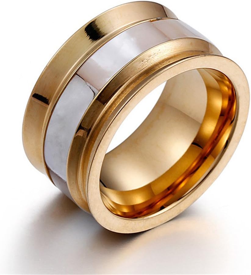 12mm Fashion Womens Mens Wedding Band 18k Gold Plated Stainless Steel Plated Shell Inlay Engagement Ring