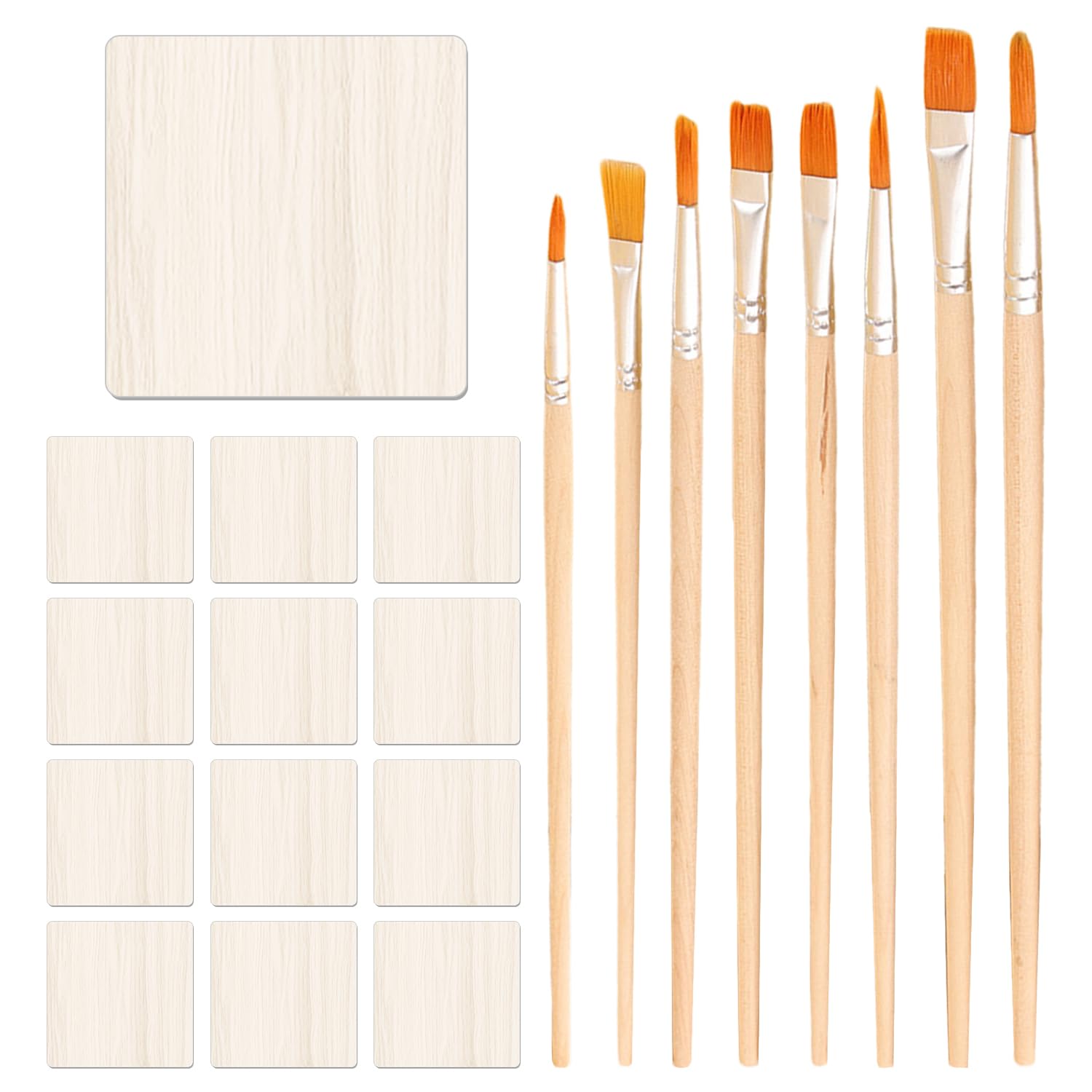 12 Wood Chips, 8 Paintbrushes, Wooden Coasters, Square Coasters, Wooden Coasters For Handcrafting, Wood Blanks For Making, Blank Coasters