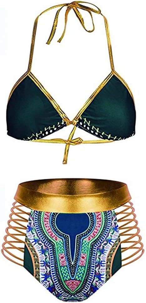 Huiyuzhi Womens African Dashiki Tribal Print Metallic 2 Piece Cut Out High Waist Bikini Set Swimsuit