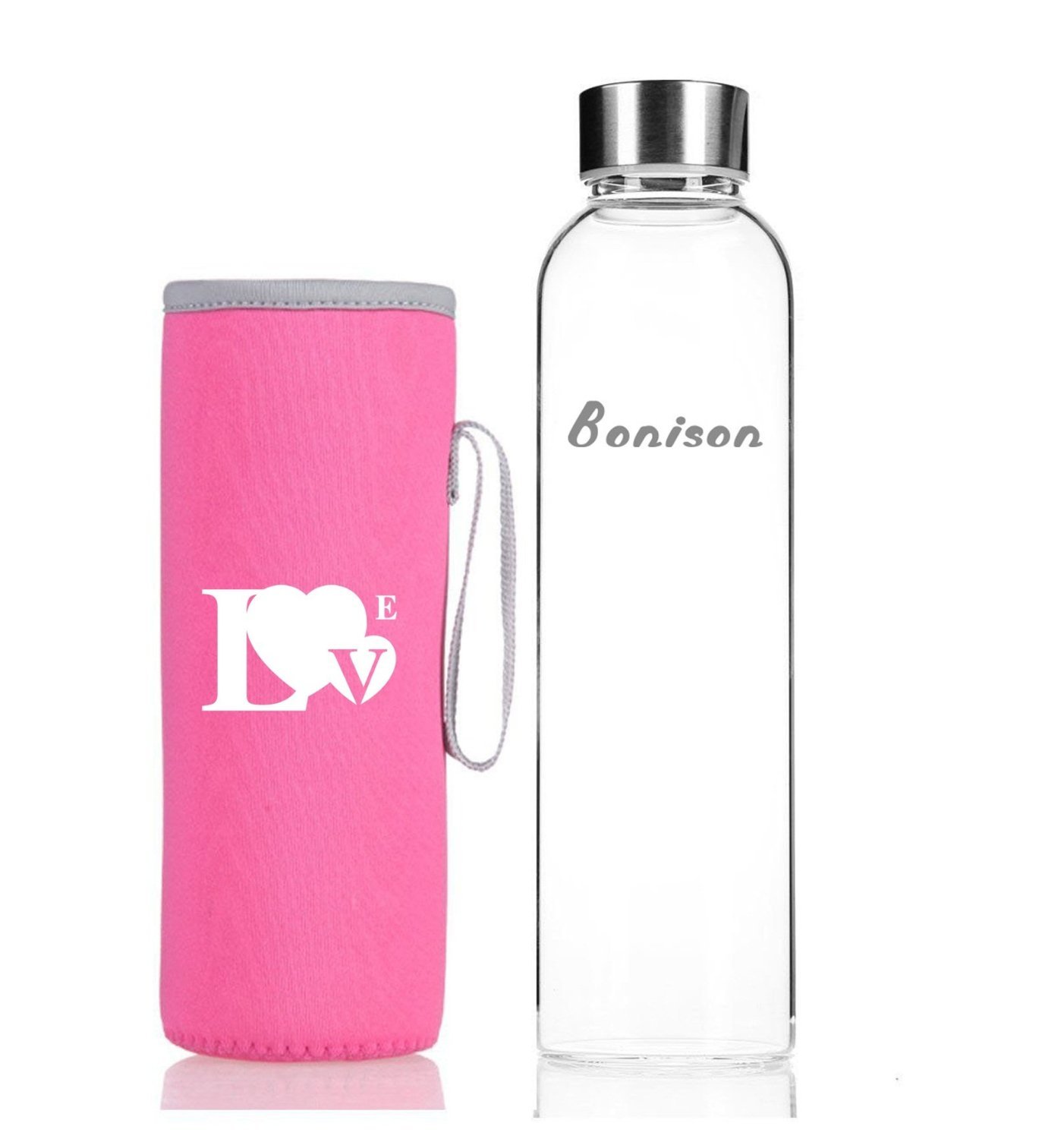 Special Edition Expression Style Borosilicate Glass Water Bottle With Heart Shaped Inside Love Nylon Sleeve, Grey And Pink, 2 Pack Couples Gift Set ... (732840559867)