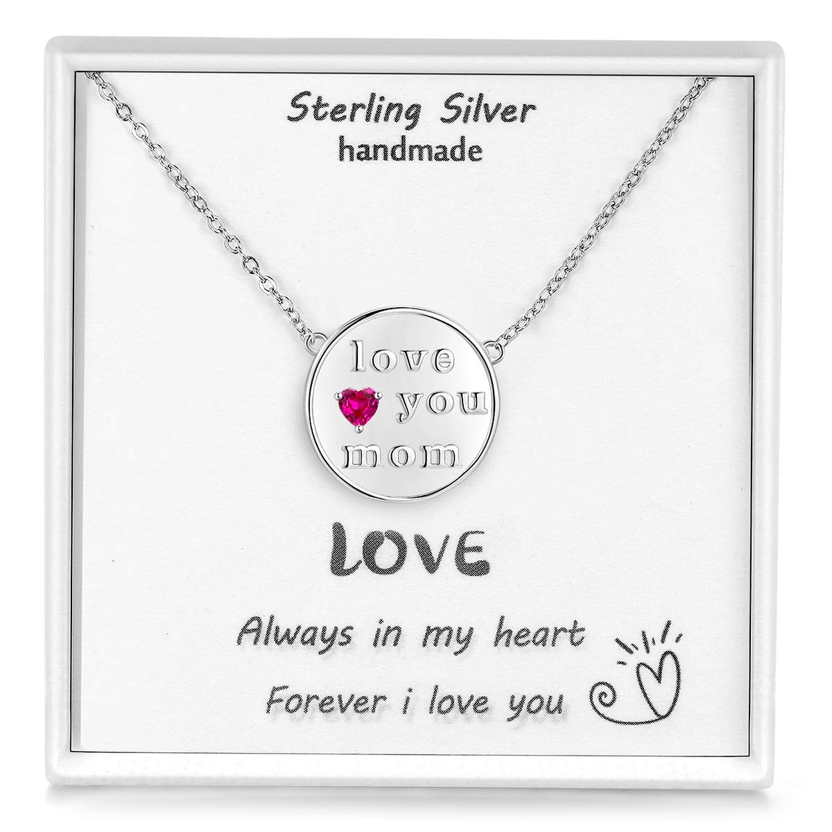 Qings Necklace, 925 Sterling Silver Necklace, Red Heart Cubic Zirconias Pendant with Word Love You mom, Adjustable 17.7+1.2in Chain, Jewellery Box, Gift for Mom Women