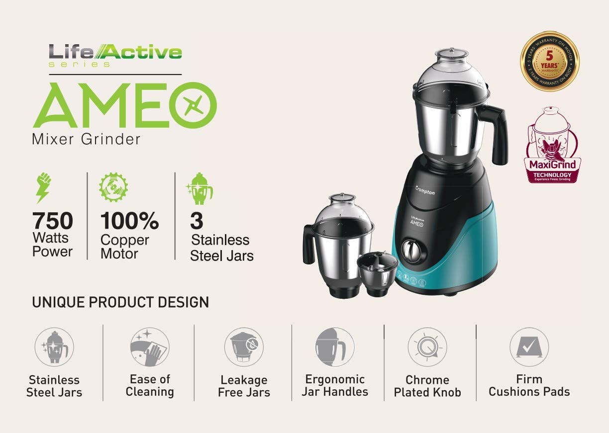 Mixer Grinder 750Watt with 3 Jars Crompton Ameo Best Price With