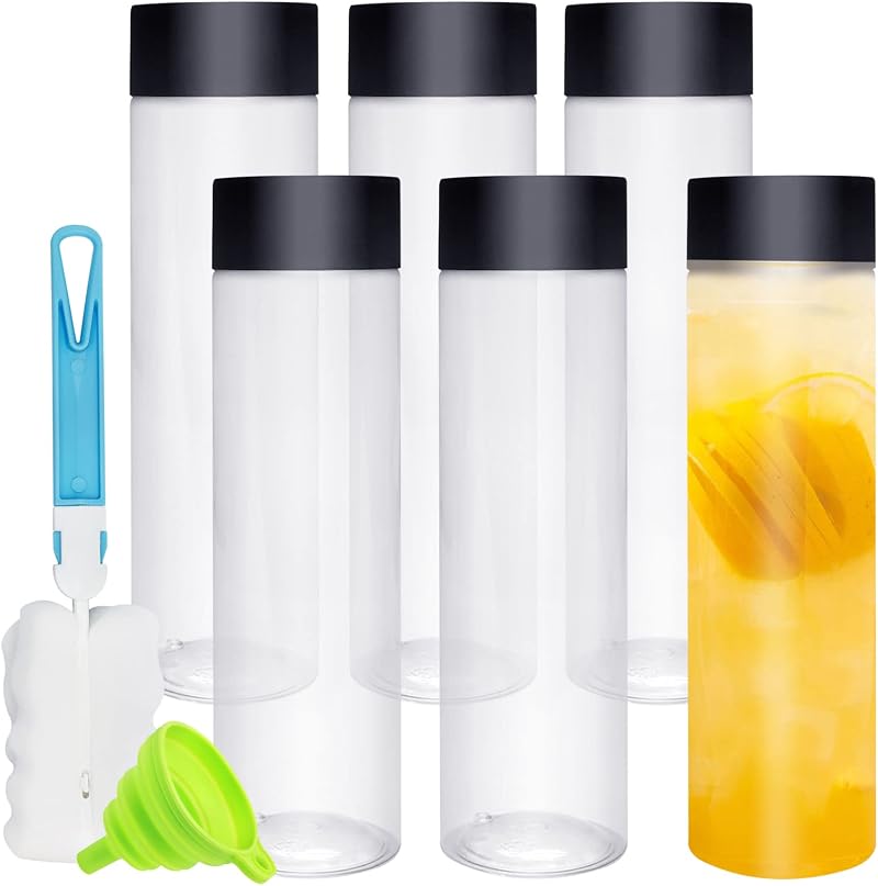 Iceten 6-Pack 400ml Clear Plastic Juice Bottles Wide Mouth with Lids