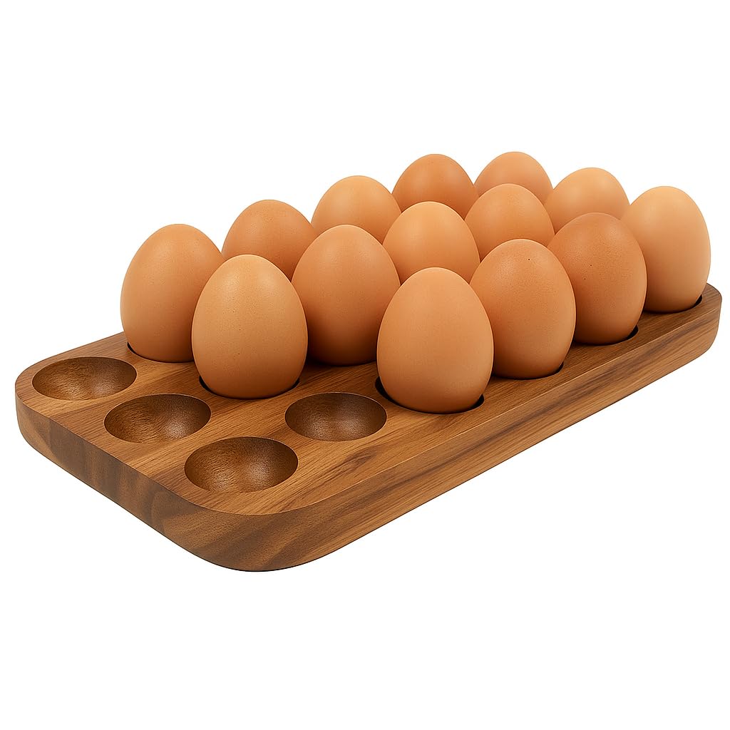 18-Hole Egg Holder – Rustic Acai Wood Egg Tray for Kitchen Worktops, Counters & Fridge Storage
