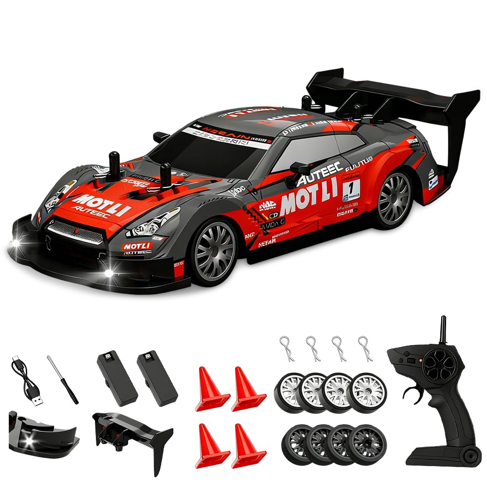 Weciau RC Drift Car, 2.4Ghz 1:24 4WD Remote Control Car with LED Lights, 2 Batteries and 4 Extra Drifting Tires, 20km/h High Speed RC Cars, Mini Racing Cars for Kids Adults Gifts