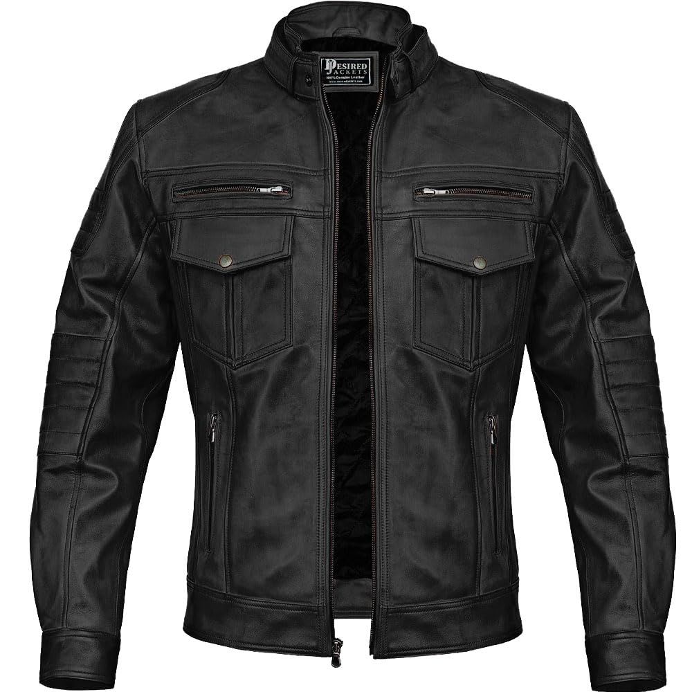 Photo 1 of Men Cafe Racer Motorcycle Style Solid Color Leather Jacket Slim Fit Motorcycle Brown Leather Jacket Moto Rider Cafe Racer (as1, alpha, x_l, regular, regular, Black Leather Jacket)