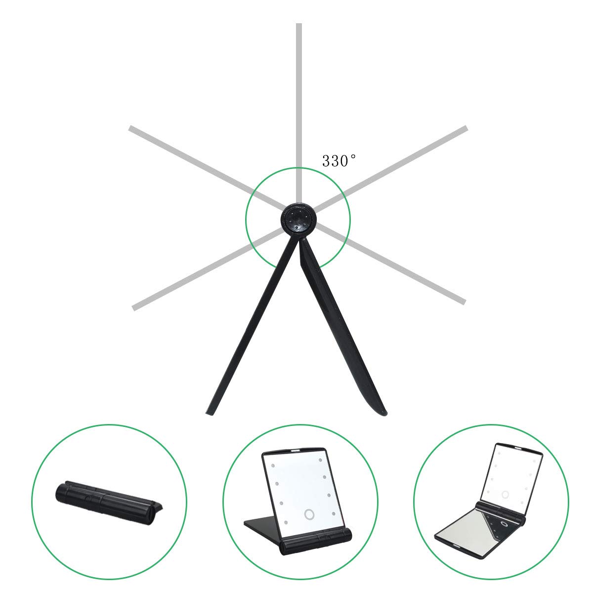 Mirror with Lights Makeup Mirror with 8 LED Adjustable Makeup Mirrors with Lights, Including Button Battery, Touch Screen Switch, Portable, Folding,Magnification Compact Mirror, Traveling(Black): Kitchen & Dining