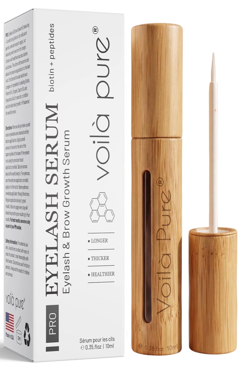 Voila Pure - Eyelash Growth Serum, (10ML) - Advanced Biotin & Peptide Formula for Longer, Thicker, Healthier Lashes & Brows - Enriched with Hyaluronic Acid & Vitamin B5 - Quick & Easy to Use