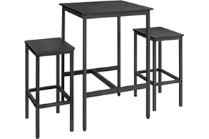 VASAGLE Bar Table and Chairs Set, Square Table with 2 Stools, Dining Pub Set for 2, Space Saving for Kitchen Breakfast, Living Room, Party Room, Ebony Black and Ink Black