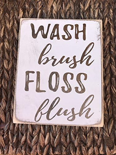 Wash Brush Floss Flush Bathroom Farmhouse Rustic Home Decor Sign, White Wood Distressed Wall Art