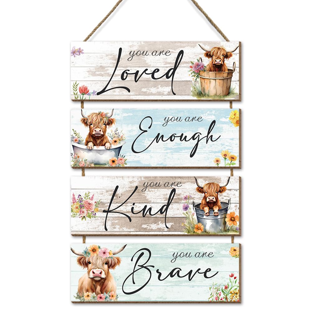 Kepuarm Highland Cow Decor Wall Art, 4Pcs Inspirational Wall Decor Sign With Rope, Farmhouse Wall Picture Positive Quotes Bathroom Wall Decor for Bathroom Dining Room Bedroom Living Room,Art (Cow)