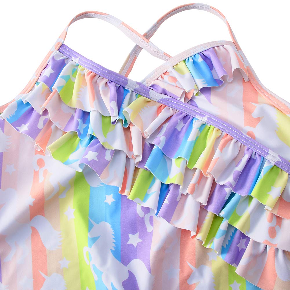 TUONROAD Infant Baby Girls Unicorn One Piece Swimsuit Fantasy Bright Color Rainbow Breathable Quick Dry 8Y 9Y 10Y Frilly Swimwear Set for Beach Bathing Bathtub(Unicorn,Large)